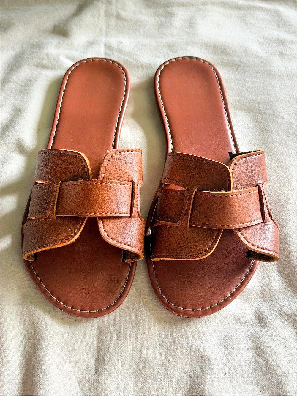 Brown Leather-Style Slide Sandals
